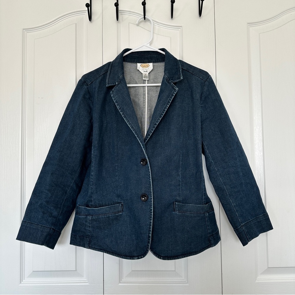 Talbots Womens Preppy Blue Jean Top Stretch Denim Two button Blazer Jacket